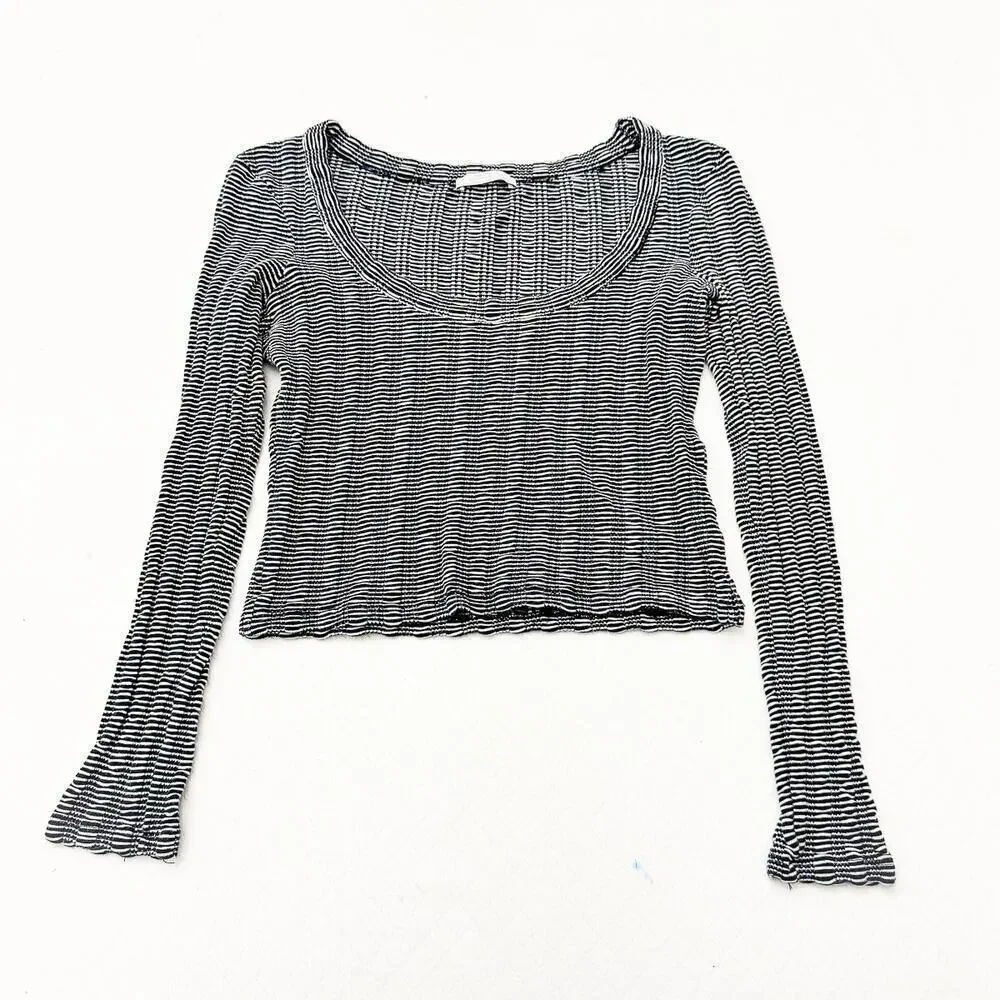 Zara Woven Navy White Striped Long Sleece Top Size S